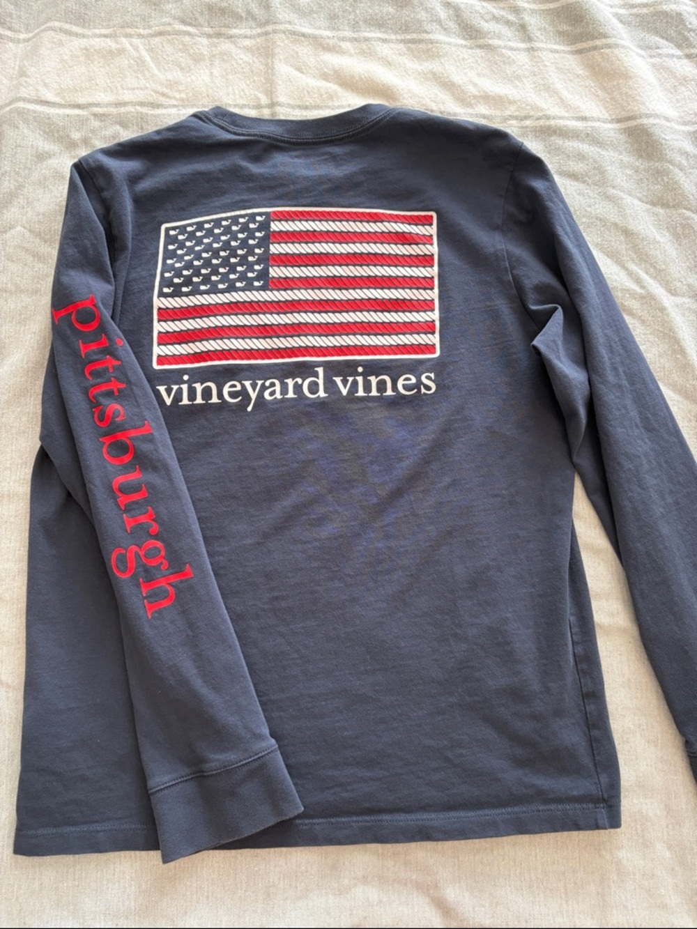 Vineyard Vines Navy Long Sleeve Pocket Tee with Red Sleeve Text